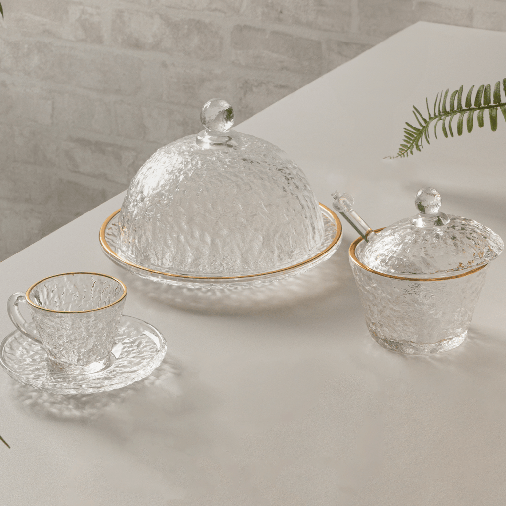 Azucarero de Cristal de Plomo Martillado con Cuchara y Borde Dorado 10cm