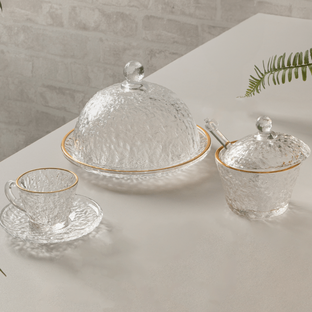 Azucarero de Cristal de Plomo Martillado con Cuchara y Borde Dorado 10cm