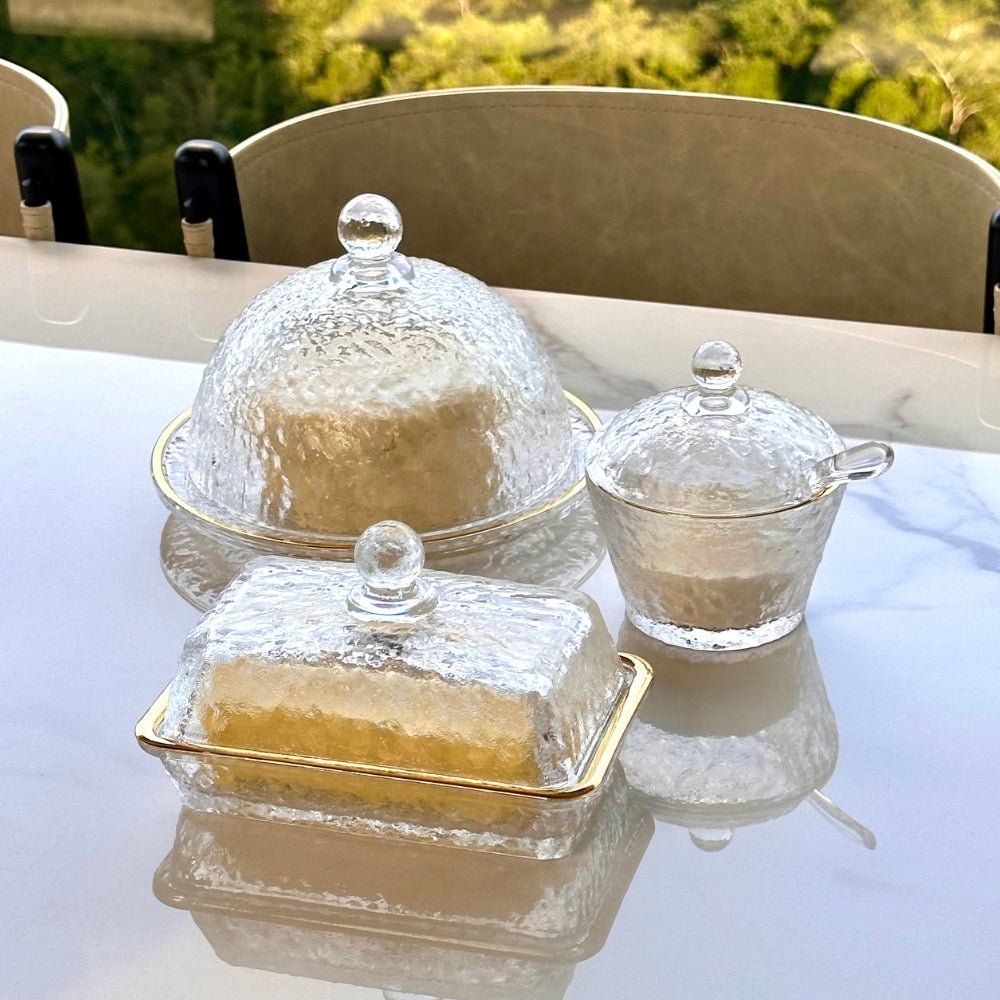 Azucarero de Cristal de Plomo Martillado con Cuchara y Borde Dorado 10cm