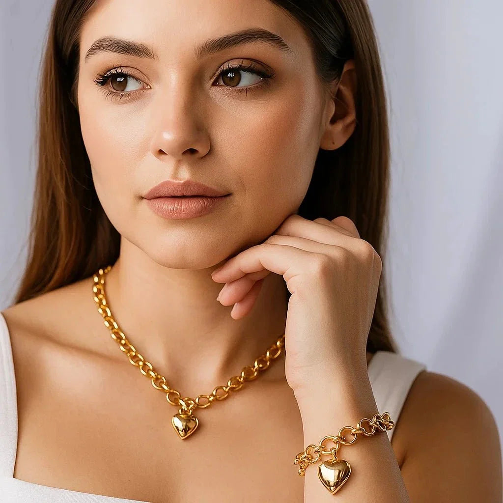 Conjunto Collar y Pulsera Elo Portugués y Pendientes de Corazón