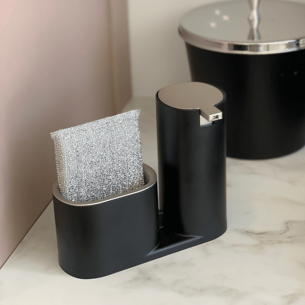 Dispensador para Detergente y Esponja Negro con Cromado