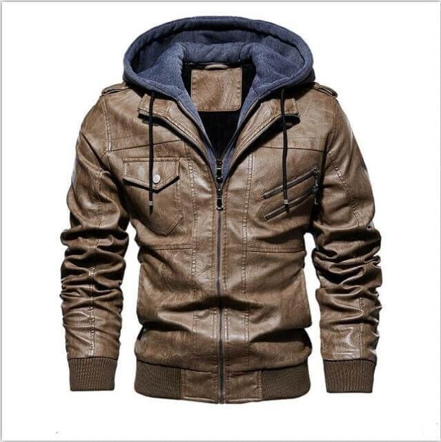 Chaqueta Masculina de Cuero 100% Legítimo con Capucha Removible