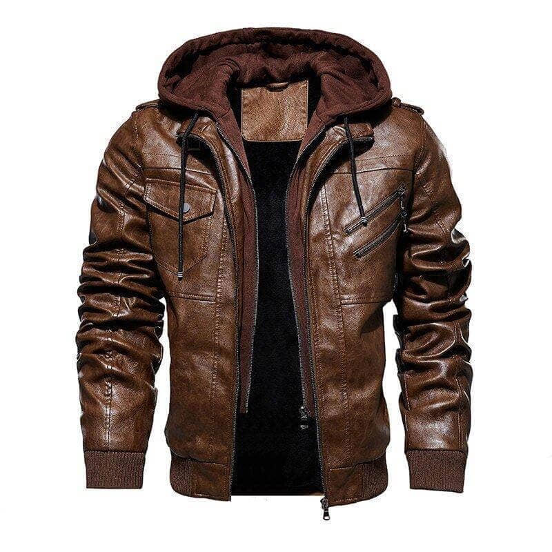 Chaqueta Masculina de Cuero 100% Legítimo con Capucha Removible