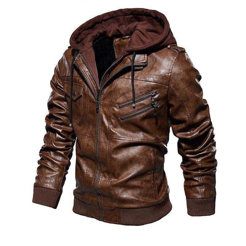 Chaqueta Masculina de Cuero 100% Legítimo con Capucha Removible