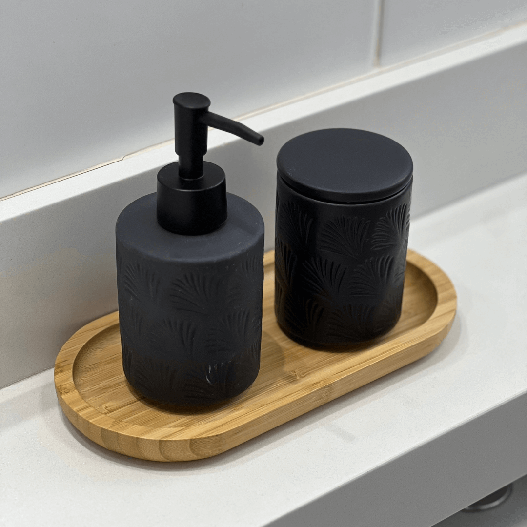 Set de Baño de Cerámica Negra con Diseño de Hojas, 2 Piezas