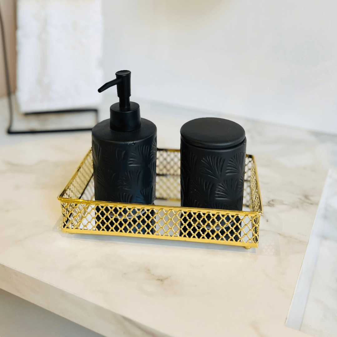 Set de Baño de Cerámica Negra con Diseño de Hojas, 2 Piezas