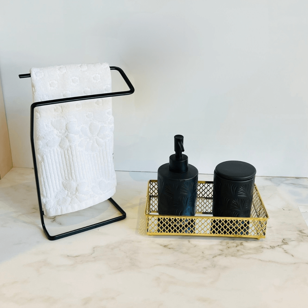 Set de Baño de Cerámica Negra con Diseño de Hojas, 2 Piezas