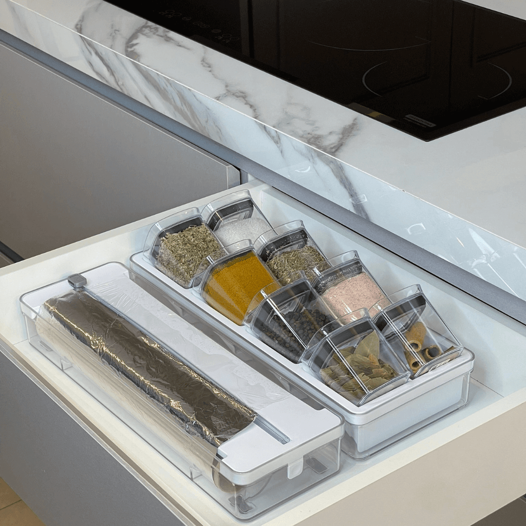 Organizador y Cortador de Rollos Doble Transparente Blanco