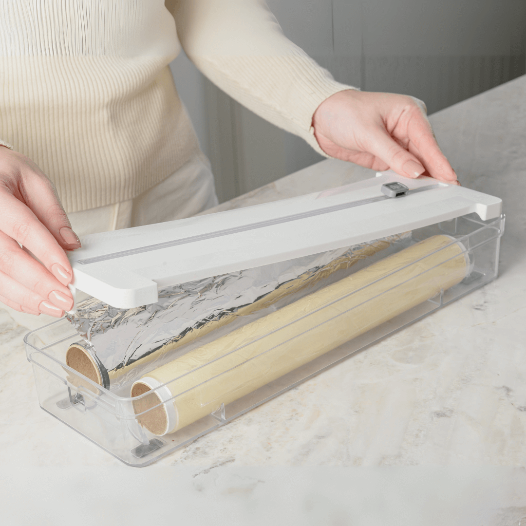 Organizador y Cortador de Rollos Doble Transparente Blanco