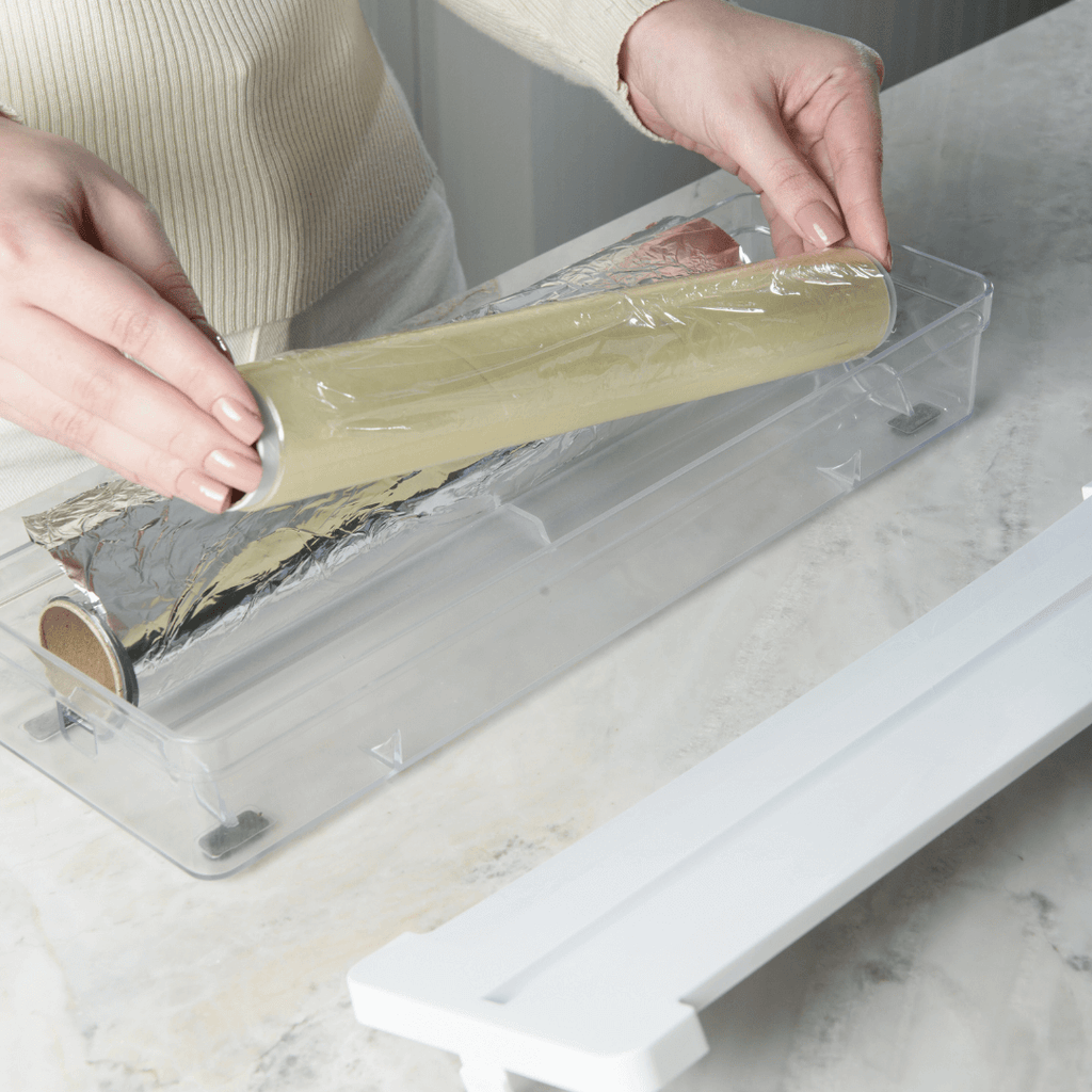 Organizador y Cortador de Rollos Doble Transparente Blanco