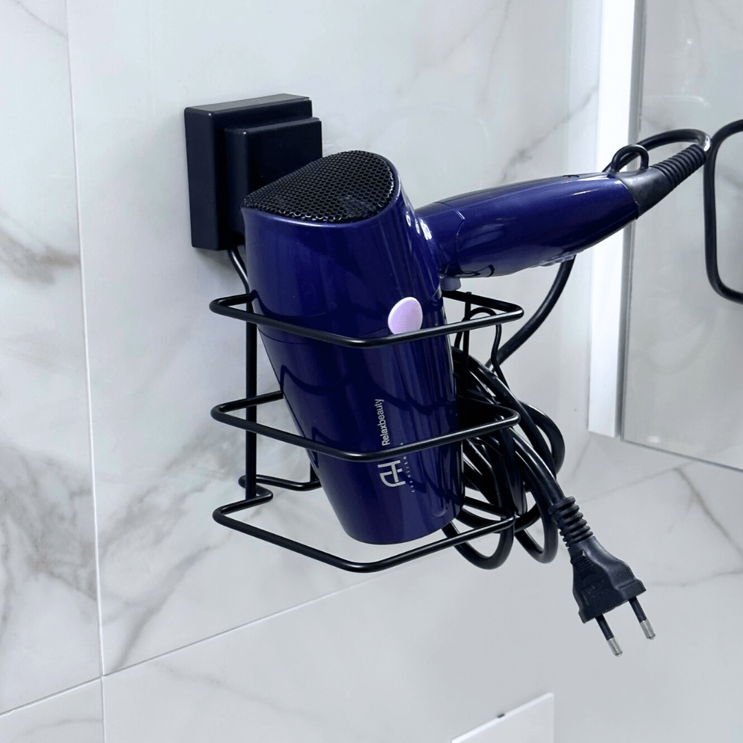 Soporte para Secador de Pelo con Fijación de Ventosa Negro