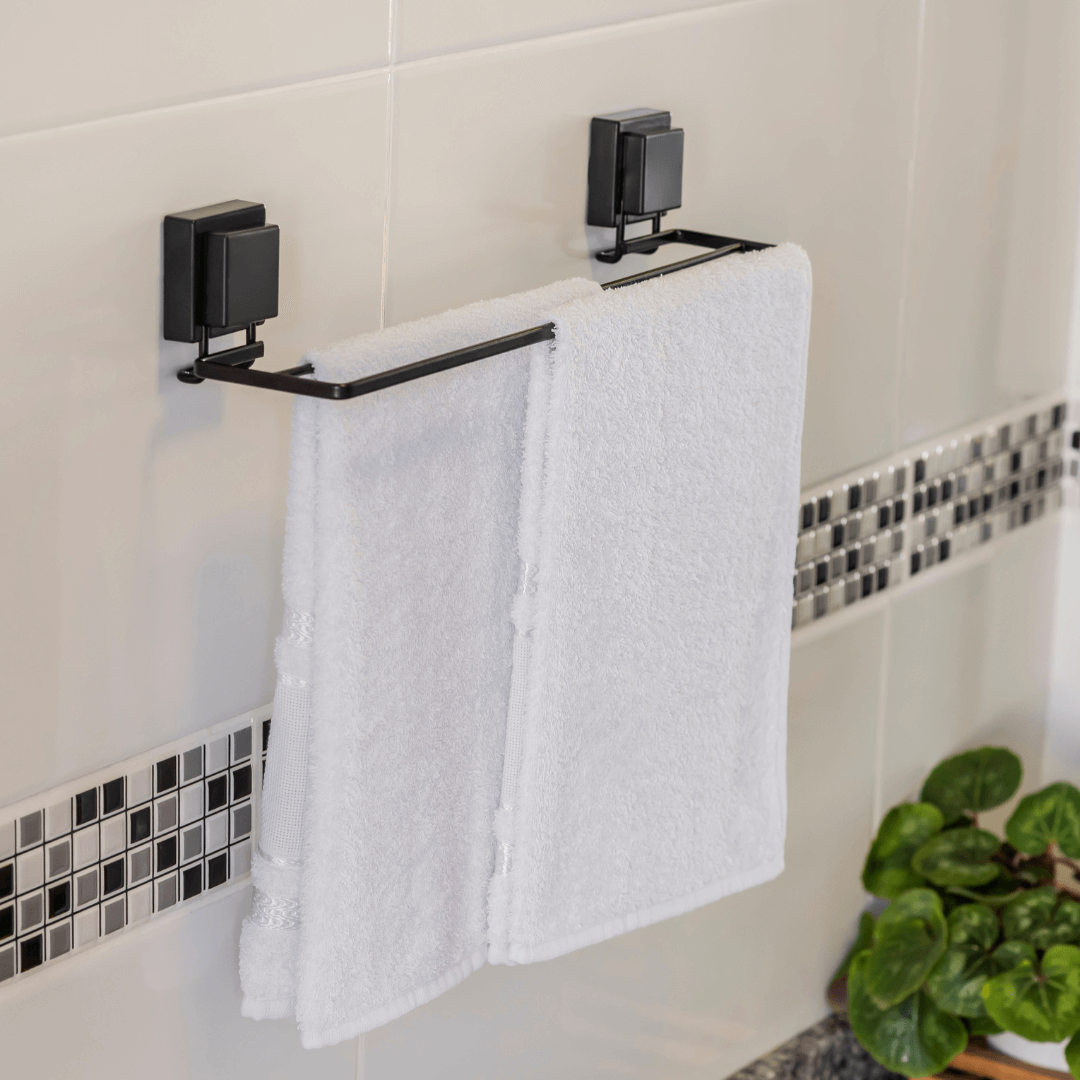 Toallero doble negro mate con ventosas de alta adherencia 45 cm